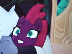 Size: 1116x837 | Tagged: safe, derpibooru import, screencap, storm king, tempest shadow, pony, unicorn, my little pony: the movie, adorable distress, broken horn, cropped, cute, eye scar, female, horn, mare, scar, solo focus, tempestbetes