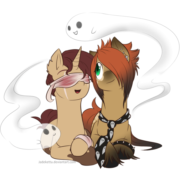 Size: 1024x1024 | Tagged: safe, artist:jadekettu, derpibooru import, oc, oc:chocolate heart, oc:spectra, unofficial characters only, ghost, pony, bandage, blindfold, couple, duo, necktie, simple background, transparent background