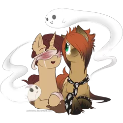 Size: 1024x1024 | Tagged: safe, artist:jadekettu, derpibooru import, oc, oc:chocolate heart, oc:spectra, unofficial characters only, ghost, pony, bandage, blindfold, couple, duo, necktie, simple background, transparent background