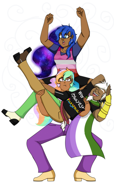 Size: 5952x9504 | Tagged: absurd resolution, artist:cornerverse, carrying, cheering, dark skin, derpibooru import, discord, draw the squad, family bonding, female, galaxy mane, genderqueer, genderqueer pride flag, human, humanized, lesbian, lesbian pride flag, pansexual, pansexual pride flag, pride, pride flag, pride month, princess celestia, princess luna, safe, simple background, transparent background