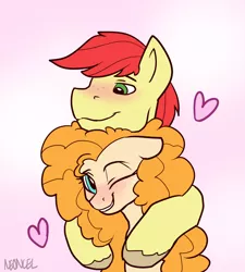 Size: 900x1000 | Tagged: safe, artist:neoncel, derpibooru import, bright mac, pear butter, pony, the perfect pear, blushing, brightbutter, female, grin, heart, hug, male, one eye closed, shipping, signature, smiling, straight