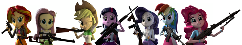 Size: 6400x1200 | Tagged: safe, artist:facelesssoles, derpibooru import, applejack, fluttershy, pinkie pie, rainbow dash, rarity, sunset shimmer, equestria girls, 3d, absurd resolution, belt, clothes, cowboy hat, freckles, gun, h&k psg-1, hat, jacket, leather jacket, lever action rifle, m4a1, mac 11, mg34, one eye closed, rifle, simple background, skirt, stetson, tommy gun, transparent background, vss vintorez, weapon, wink