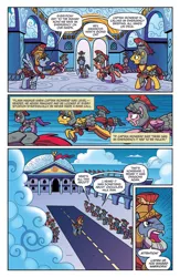 Size: 597x918 | Tagged: safe, artist:brendahickey, derpibooru import, idw, captain ironhead, flash magnus, grimhoof, pegasus, pony, legends of magic, spoiler:comic, spoiler:comiclom4, armor, beard, cloud, comic, facial hair, helmet, male, official comic, preview, royal legion, runway, stallion