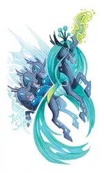 Size: 865x1429 | Tagged: safe, artist:justasuta, derpibooru import, queen chrysalis, changeling, changeling queen, fangs, female, glowing horn, quadrupedal, simple background, tongue out, white background