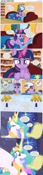 Size: 3300x13408 | Tagged: suggestive, artist:perfectblue97, derpibooru import, derpy hooves, princess celestia, twilight sparkle, alicorn, earth pony, pony, comic:without magic, absurd resolution, alternate cutie mark, bed, blank flank, book, bookshelf, canterlot castle, comic, doctor's office, elizabethan collar, golden oaks library, implied orgasm, implied pissing, pillow, pointy ponies, quill, scroll, telescope