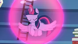 Size: 1920x1080 | Tagged: safe, derpibooru import, screencap, twilight sparkle, twilight sparkle (alicorn), alicorn, pony, every little thing she does, barrier, book, bookshelf, crystal, cute, eyes closed, flying, force field, ladder, magic, shield, solo, spell, training, twilight's castle library