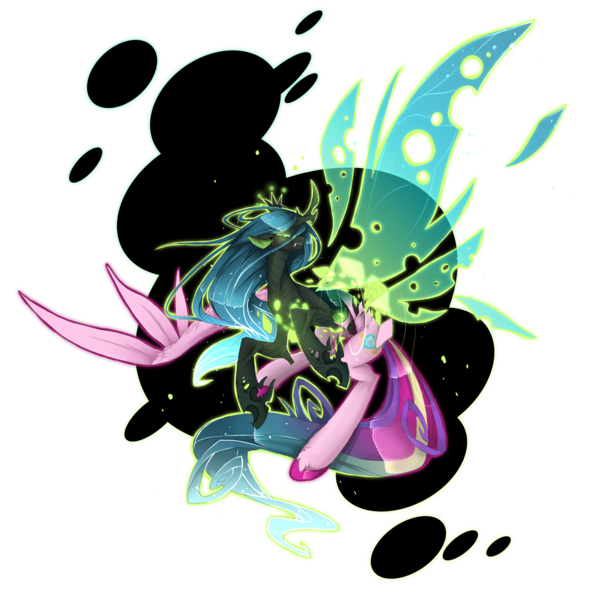 Size: 4068x4057 | Tagged: safe, artist:taiga-blackfield, derpibooru import, princess cadance, queen chrysalis, alicorn, changeling, changeling queen, pony, absurd resolution, character to character, crown, digital art, disguise, disguised changeling, fake cadance, female, fungus, hoof fluff, jewelry, large wings, magic, mare, regalia, simple background, smiling, solo, spread wings, teeth, transformation, transparent background, wings