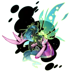 Size: 4068x4057 | Tagged: safe, artist:taiga-blackfield, derpibooru import, princess cadance, queen chrysalis, alicorn, changeling, changeling queen, pony, absurd resolution, character to character, crown, digital art, disguise, disguised changeling, fake cadance, female, fungus, hoof fluff, jewelry, large wings, magic, mare, regalia, simple background, smiling, solo, spread wings, teeth, transformation, transparent background, wings