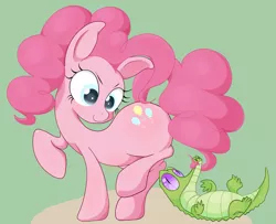 Size: 1923x1560 | Tagged: safe, artist:noupu, derpibooru import, gummy, pinkie pie, pony, on back, raised hoof, raised leg