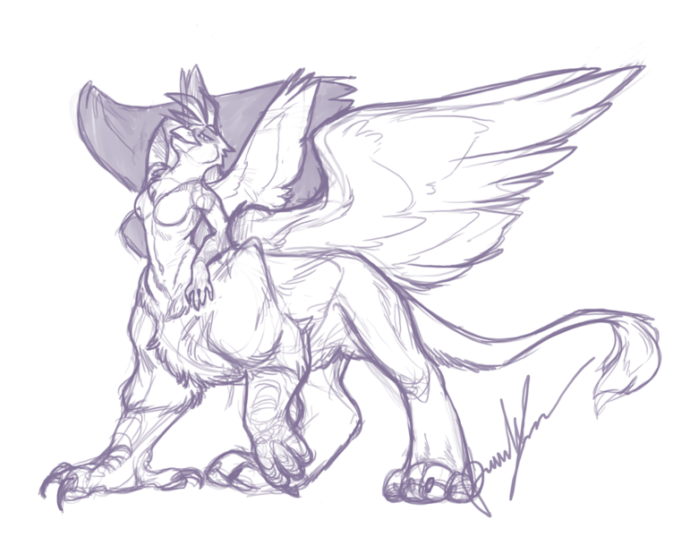 Size: 1000x778 | Tagged: safe, artist:thalsha, derpibooru import, gilda, anthro, griffon centaur, gryphon, taur, double wings, female, multiple wings, paws, sketch, solo, sultry pose