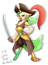 Size: 1099x1470 | Tagged: anthro, artist:orca, captain celaeno, clothes, coat, derpibooru import, ear piercing, earring, emerald, female, glare, hand on hip, hat, jewelry, my little pony: the movie, piercing, pirate, pirate hat, prosthetics, safe, simple background, smiling, solo, sword, weapon