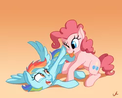 Size: 3000x2400 | Tagged: safe, artist:docwario, derpibooru import, pinkie pie, rainbow dash, earth pony, pegasus, pony, duo, female, gradient background, horseplay, looking at each other, mare, one eye closed, pinkiedash, playing, silly, smiling, spread wings, tongue out, wings, wrestling