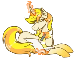 Size: 1201x929 | Tagged: safe, artist:kikirdcz, derpibooru import, oc, oc:vixey, unofficial characters only, pony, unicorn, clothes, colored sketch, commission, curved horn, female, magic, mare, paper, pencil, prone, scarf, simple background, solo, transparent background