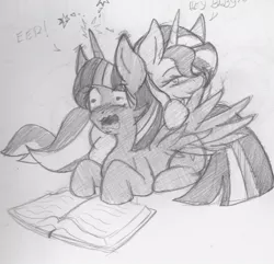 Size: 903x869 | Tagged: suggestive, artist:shard-of-life, derpibooru import, sunset shimmer, twilight sparkle, twilight sparkle (alicorn), alicorn, pony, bedroom eyes, book, female, lesbian, pencil drawing, preening, shipping, simple background, sunsetsparkle, surprised, traditional art