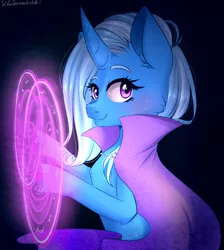 Size: 1700x1900 | Tagged: safe, artist:silbersternenlicht, derpibooru import, trixie, pony, unicorn, blushing, chest fluff, female, looking at you, magic, magic circle, mare, raised eyebrow, sitting, smiling, solo, underhoof