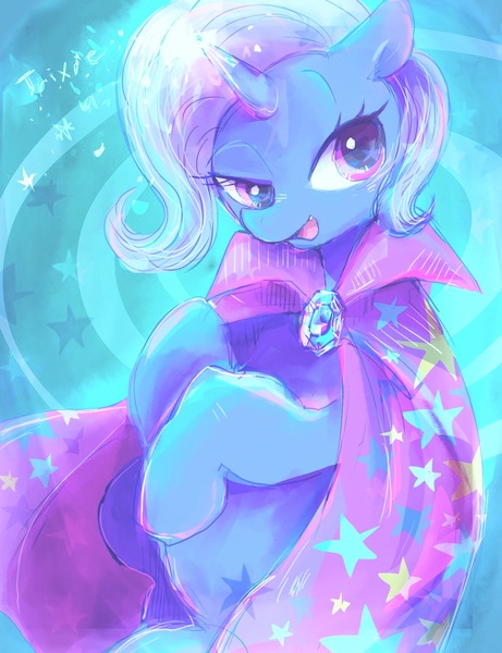 Size: 1164x1516 | Tagged: safe, artist:osawari64, derpibooru import, trixie, pony, unicorn, abstract background, cape, clothes, color porn, cute, cute little fangs, diatrixes, fangs, female, looking at you, magic, mare, solo, trixie's cape
