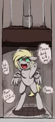 Size: 578x1280 | Tagged: semi-grimdark, artist:trickster.puppy, derpibooru import, oc, oc:doxie, unofficial characters only, pegasus, pony, begging, crushing, crying, dialogue, female, hydraulic press, image, imminent death, jpeg, mare, murder, not derpy, peril, scared, solo