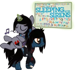 Size: 1963x1837 | Tagged: safe, artist:lightningbolt, derpibooru import, ponified, ponified:kellin quinn, ponified:oliver sykes, earth pony, pony, undead, unicorn, zombie, zombie pony, .svg available, advertising, angry, annoyed, bags under eyes, blood, bloodshot eyes, bone, bring me the horizon, candy gore, chipped tooth, clothes, colored pupils, crossed legs, disguised siren, drop dead clothing, duo, duo male, emo, eyes closed, fangs, frown, glow, glowing horn, gore, hair over one eye, hooves behind head, horn, jewelry, leaning back, lip piercing, long sleeves, magic, male, messy mane, messy tail, music notes, necklace, nosebleed, on back, open mouth, peeling flesh, piercing, ponies riding ponies, pulled up sleeve, rainbow blood, raised hoof, raised leg, relaxing, scar, shirt, sign, simple background, singing, sirens doing siren things, sleeping with sirens, slit eyes, stallion, stitches, svg, t-shirt, tattered, tattoo, text, tilde, torn clothes, torn ear, transparent background, trap, vector, walking