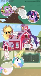 Size: 3300x6056 | Tagged: safe, artist:perfectblue97, derpibooru import, applejack, princess celestia, rarity, spike, twilight sparkle, dragon, pony, comic:without magic, absurd resolution, book, bookshelf, chalkboard, comic, golden oaks library, karma, poster, sweet apple acres