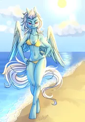 Size: 1678x2412 | Tagged: anthro, artist:pellsya, beach, beach babe, bikini, bikini babe, breasts, clothes, derpibooru import, female, fleetfoot, hand on hip, lidded eyes, pegasus, seductive look, seductive pose, sexy, solo, solo female, stupid sexy fleetfoot, suggestive, sun, swimsuit, unguligrade anthro