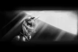 Size: 2000x1340 | Tagged: safe, artist:ventious, derpibooru import, princess luna, alicorn, pony, crepuscular rays, grayscale, letterboxing, monochrome, s1 luna, sad, solo