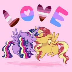 Size: 2100x2100 | Tagged: safe, artist:sketchymetal, derpibooru import, sunset shimmer, twilight sparkle, twilight sparkle (alicorn), alicorn, pony, alicornified, bi twi, bilight sparkle, bisexual pride flag, boop, cuddling, eyes closed, female, gay pride, holding hooves, lesbian, lesbian pride flag, noseboop, pride, pride month, race swap, rainbow power, shimmercorn, shipping, sunsetsparkle