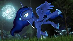 Size: 1920x1080 | Tagged: safe, artist:loveslove, derpibooru import, princess luna, butterfly, pony, 3d, flying, forest, grass, insect on nose, moon, night, solo, source filmmaker, tree