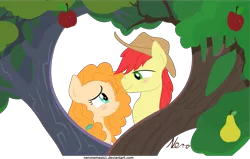 Size: 5919x3766 | Tagged: safe, artist:neronemesis1, derpibooru import, bright mac, pear butter, pony, the perfect pear, absurd resolution, apple, blushing, brightbutter, female, food, high res, intertwined trees, looking at each other, male, pear, previous generation, shipping, simple background, straight, transparent background