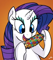 Size: 4200x4800 | Tagged: safe, artist:docwario, derpibooru import, rarity, pony, unicorn, absurd resolution, corn, female, food, gem, mare, orange background, rarity looking at food, simple background, smiling, solo