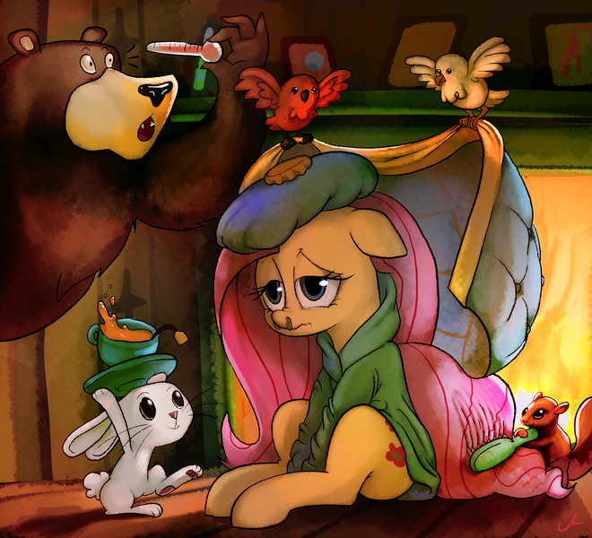 Size: 3300x3000 | Tagged: safe, artist:docwario, derpibooru import, angel bunny, fluttershy, harry, bear, bird, pegasus, pony, squirrel, blanket, caring for the sick, clothes, cup, cute, female, fireplace, floppy ears, food, hairbrush, mare, mucus, plate, robe, runny nose, sick, smiling, tea, teacup, thermometer