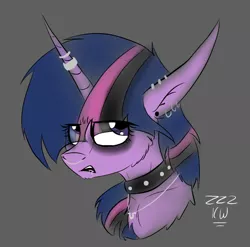 Size: 693x684 | Tagged: safe, artist:zeezou2, derpibooru import, twilight sparkle, alicorn, pony, alternate hairstyle, bust, cheek fluff, chest fluff, choker, dyed mane, ear piercing, earring, eyeroll, eyeshadow, female, fluffy, goth, gray background, horn ring, it's a phase, jewelry, makeup, mare, necklace, nose piercing, nose ring, piercing, portrait, signature, simple background, solo, spiked choker