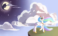 Size: 2834x1757 | Tagged: safe, artist:fluffleduckle, derpibooru import, princess celestia, alicorn, pony, cliff, cloud, crying, mare in the moon, moon, solo, stars