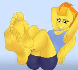 Size: 1050x950 | Tagged: anonymous artist, anthro, arm behind head, armpits, breasts, clothes, derpibooru import, feet, feet up, female, fetish, foot fetish, foot focus, high arches, implied shining armor, implied shipping, implied spitshine, legs in air, looking at you, plantigrade anthro, sitting, smiling, soles, solo, solo female, spitfire, stupid sexy spitfire, suggestive, tanktop, tattoo, toes