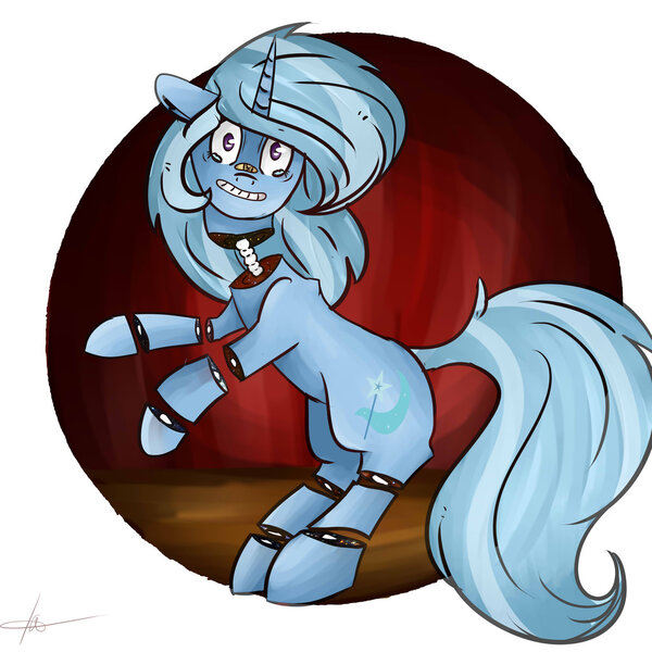 Size: 1024x1024 | Tagged: semi-grimdark, artist:masyaataman, derpibooru import, trixie, pony, unicorn, bandaid, body horror, bone, candy gore, creepy, creepy grin, decapitated, dismemberment, female, grin, looking at you, mare, rearing, severed head, smiling, solo, stage, teary eyes