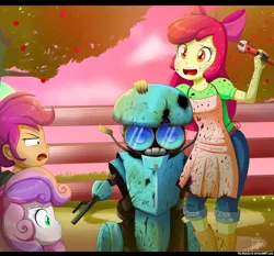 Size: 1604x1496 | Tagged: safe, artist:the-butch-x, derpibooru import, apple bloom, scootaloo, sweetie belle, robot, equestria girls, apron, clothes, crossover, cutie mark crusaders, dirty, sqweeks, transformers, transformers the last knight, wrench