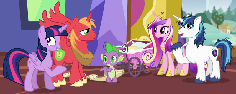 Size: 921x370 | Tagged: a flurry of emotions, alicorn, artist:themexicanpunisher, big macintosh, derpibooru import, dragon, edit, edited screencap, female, male, princess big mac, princess cadance, safe, screencap, shining armor, shipping, spike, straight, twilight sparkle, twilight sparkle (alicorn), twimac