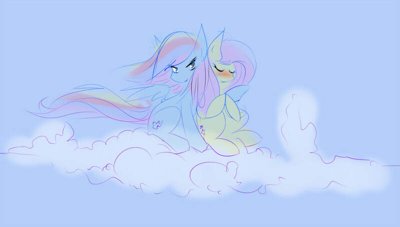 Size: 1000x569 | Tagged: source needed, safe, derpibooru import, fluttershy, rainbow dash, pony, blushing, cloud, colored sketch, hug, sitting