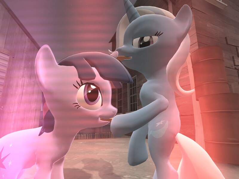 Size: 1024x768 | Tagged: safe, artist:rewirken, derpibooru import, trixie, twilight sparkle, pony, unicorn, 3d, female, gmod, lesbian, mare, shipping, twixie