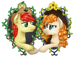 Size: 1024x797 | Tagged: safe, artist:saturnstar14, derpibooru import, bright mac, pear butter, pony, the perfect pear, apple, brightbutter, bust, buttercup, double portrait, female, food, male, pear, reaching out, shipping, simple background, straight, transparent background