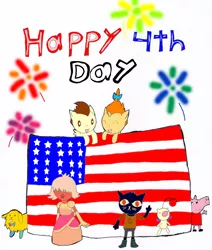 Size: 2318x2738 | Tagged: safe, artist:pokeneo1234, derpibooru import, pound cake, pumpkin cake, moogle, pony, 4th of july, american flag, bee and puppycat, crossover, final fantasy, fireworks, holiday, kingdom hearts, mae borowski, night in the woods, padparadscha sapphire (steven universe), peppa pig, steven universe, sticky the dog