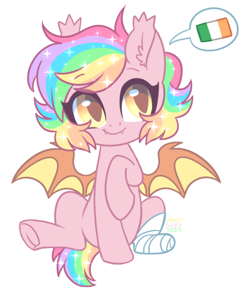 Size: 1733x2074 | Tagged: safe, artist:hawthornss, derpibooru import, oc, oc:paper stars, unofficial characters only, bat pony, pony, amputee, bandage, cute, cute little fangs, ear fluff, fangs, female, flag, ireland, mare, missing limb, moonsugar is trying to kill us, ocbetes, paperbetes, simple background, sitting, slit eyes, smiling, speech bubble, spread wings, stump, transparent background, underhoof, wings
