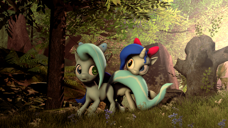 Size: 3840x2160 | Tagged: safe, artist:zomg-a-dropbear, derpibooru import, oc, unofficial characters only, pony, 3d, biting, cute, fluffy, forest, heart eyes, heterochromia, source filmmaker, tail bite, wingding eyes