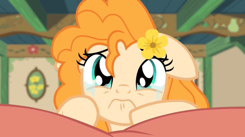 Size: 1280x720 | Tagged: safe, derpibooru import, screencap, pear butter, pony, the perfect pear, animated, bed, crying, cute, floppy ears, flower, flower in hair, gif, pearabetes, sad, sadorable, solo, woobie