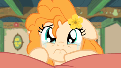 Size: 1280x720 | Tagged: safe, derpibooru import, screencap, pear butter, pony, the perfect pear, animated, bed, crying, cute, floppy ears, flower, flower in hair, gif, pearabetes, sad, sadorable, solo, woobie
