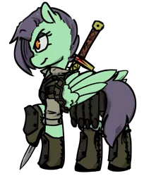 Size: 778x954 | Tagged: safe, artist:thebirdiebin, derpibooru import, oc, oc:saving grace, unofficial characters only, pegasus, pony, armor, chrysamere, dungeons and dragons, grene, morrowind, ranger, simple background, solo, sword, the elder scrolls, transparent background, weapon