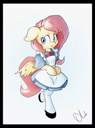 Size: 1599x2144 | Tagged: artist:ando, clothes, cute, derpibooru import, female, floppy ears, fluttershy, mare, pegasus, safe, semi-anthro, simple background, socks, solo, unguligrade anthro, walking