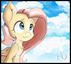 Size: 3192x2878 | Tagged: safe, artist:ando, derpibooru import, fluttershy, pegasus, pony, chest fluff, cloud, cute, ear fluff, female, looking up, mare, shyabetes, signature, simple background, sky, solo