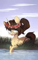 Size: 2442x3919 | Tagged: safe, artist:kebchach, derpibooru import, oc, oc:eternal light, unofficial characters only, alicorn, pony, alicorn oc, cloud, day, glasses, male, pond, ponytail, wreath