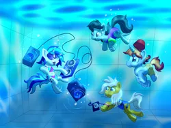 Size: 2000x1500 | Tagged: safe, artist:amidkor, derpibooru import, octavia melody, vinyl scratch, oc, oc:ember light, oc:lightning star, pony, breathhold, clothes, one-piece swimsuit, puffy cheeks, swimming, swimming pool, swimming trunks, swimsuit, underwater, underwater pony