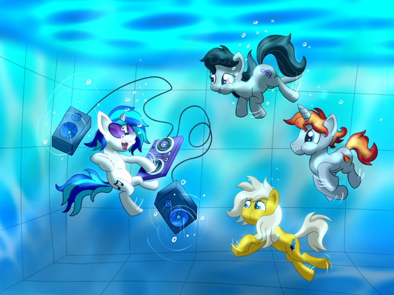 Size: 2000x1500 | Tagged: safe, artist:amidkor, derpibooru import, octavia melody, vinyl scratch, oc, oc:ember light, oc:lightning star, pony, breathhold, dancing, speakers, swimming, swimming pool, underwater, underwater pony